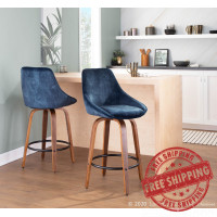 Lumisource B26-DIANA GRTQ WLVBU2 Diana Contemporary Counter Stool in Walnut Wood and Blue Velvet with Black Round Footrest - Set of 2